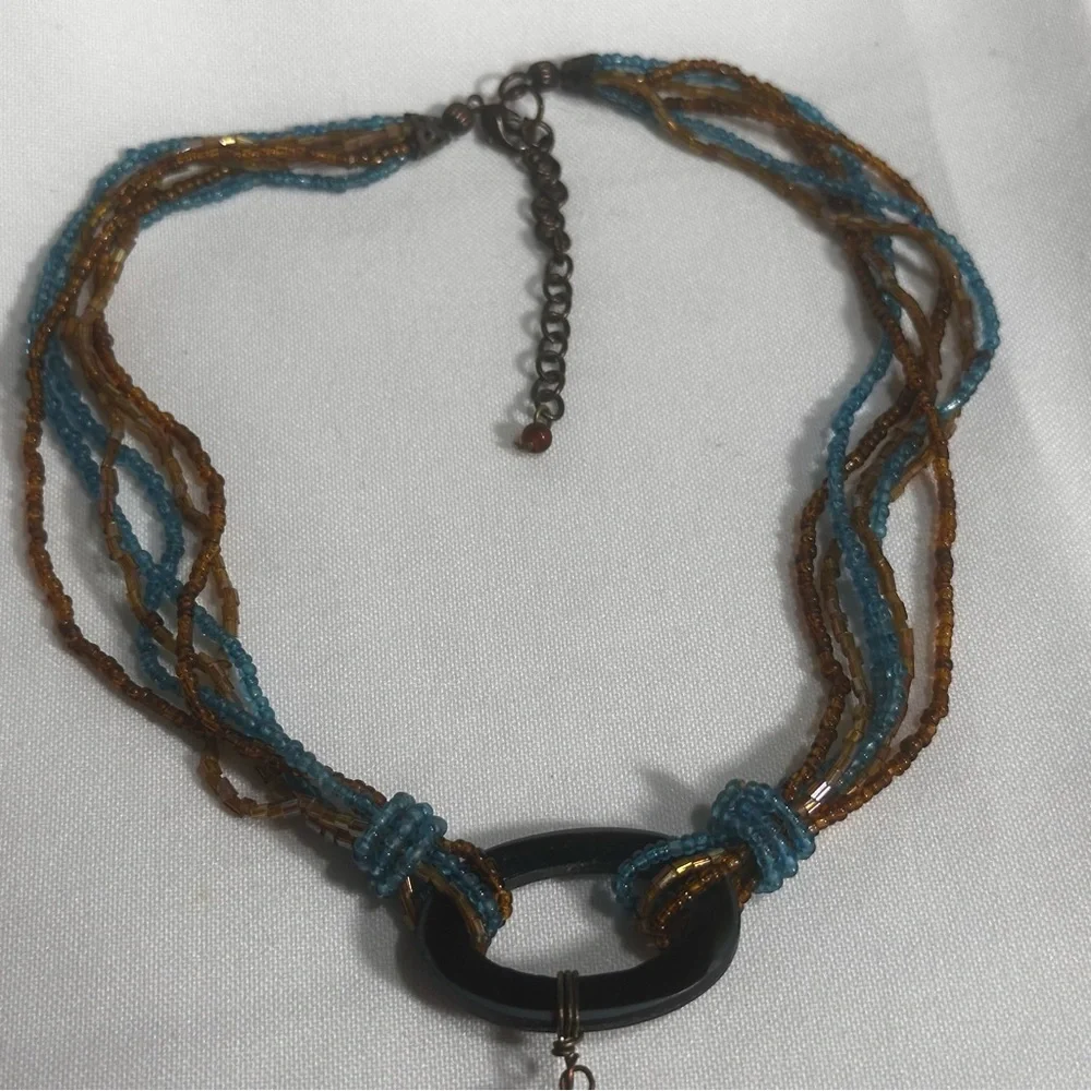 Turquoise Blue & Amber Brown Boho Seed Bead Pendant Statement Necklace